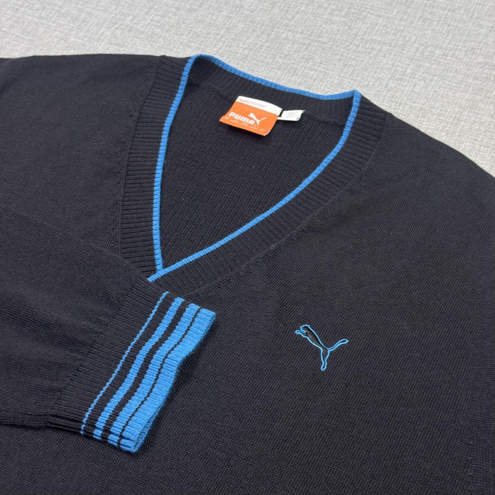 PUMA Wool V-Neck Golf Sweater Pullover Mens XL Black Striped Trim Logo